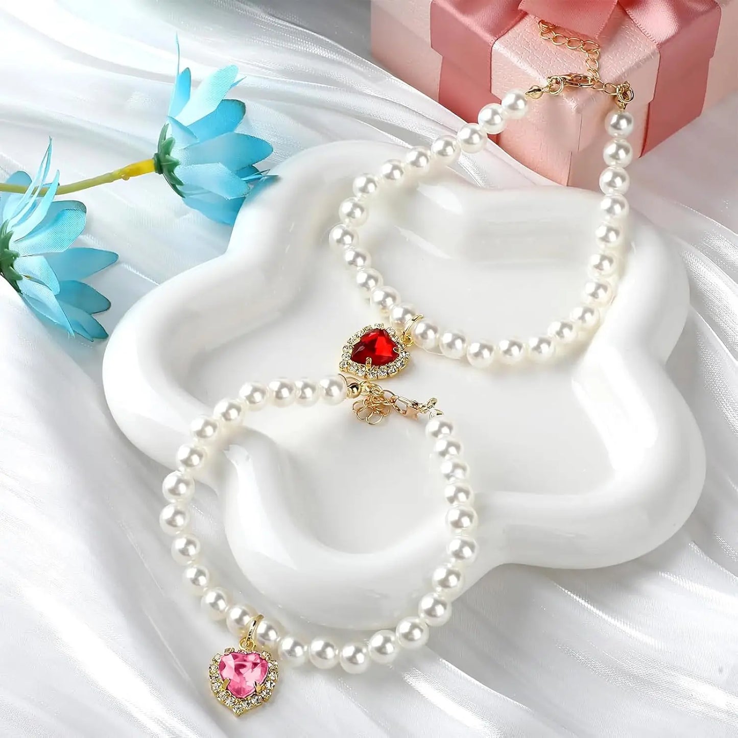 Cat Costume 2Pcs Adjustable Durable Pearl Collars with Heart-Shaped Rhinestones - Cute Pet Neck Accessories, 9.84-13.78 Inches, for Weddings, Holidays, Birthdays
