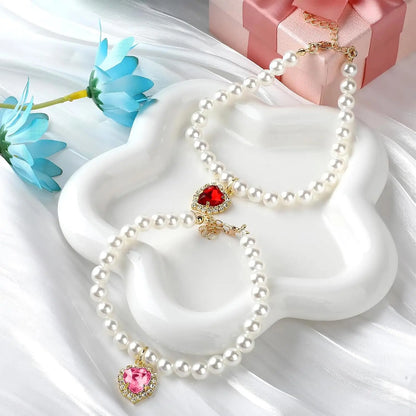Cat Costume 2Pcs Adjustable Durable Pearl Collars with Heart-Shaped Rhinestones - Cute Pet Neck Accessories, 9.84-13.78 Inches, for Weddings, Holidays, Birthdays