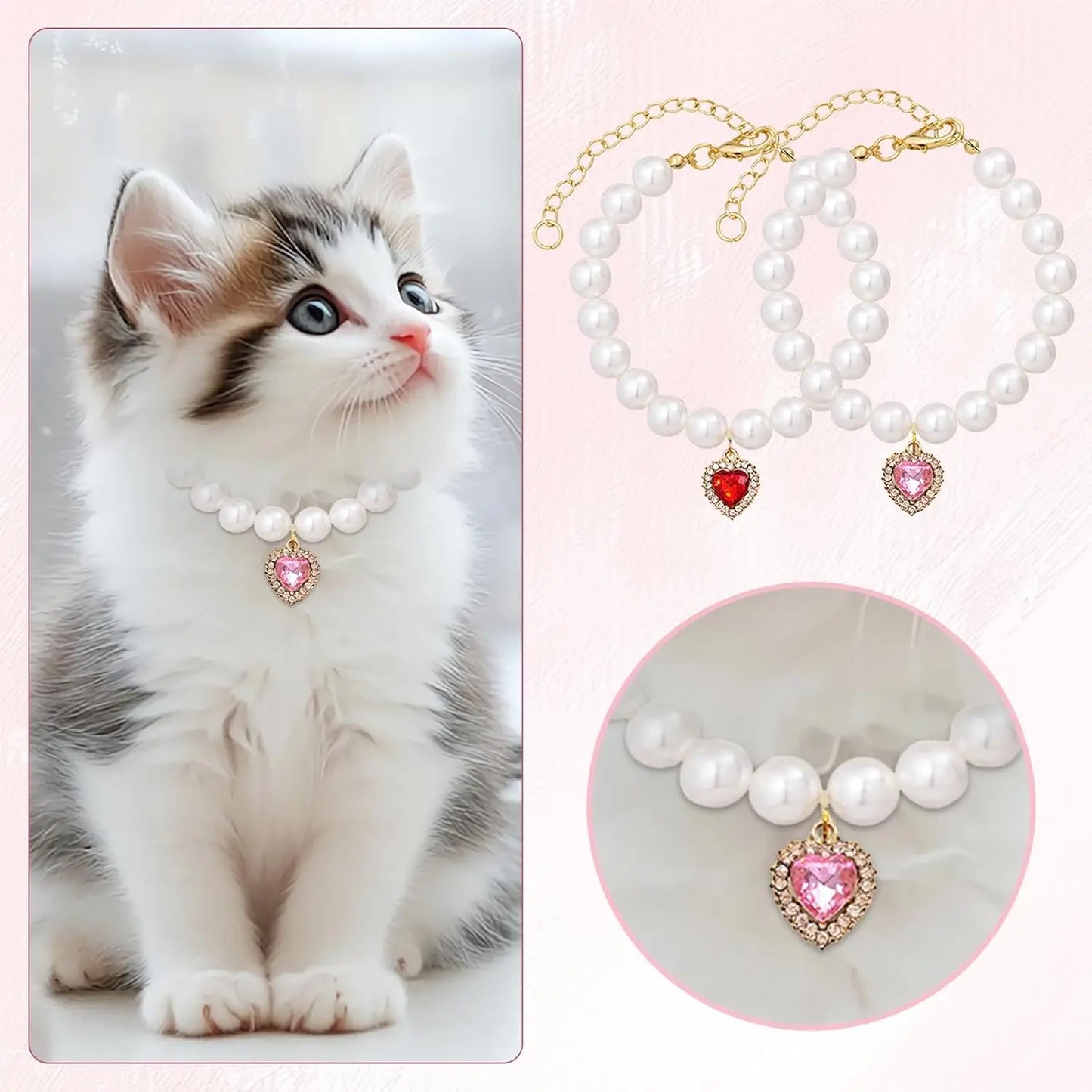 Cat Costume 2Pcs Adjustable Durable Pearl Collars with Heart-Shaped Rhinestones - Cute Pet Neck Accessories, 9.84-13.78 Inches, for Weddings, Holidays, Birthdays
