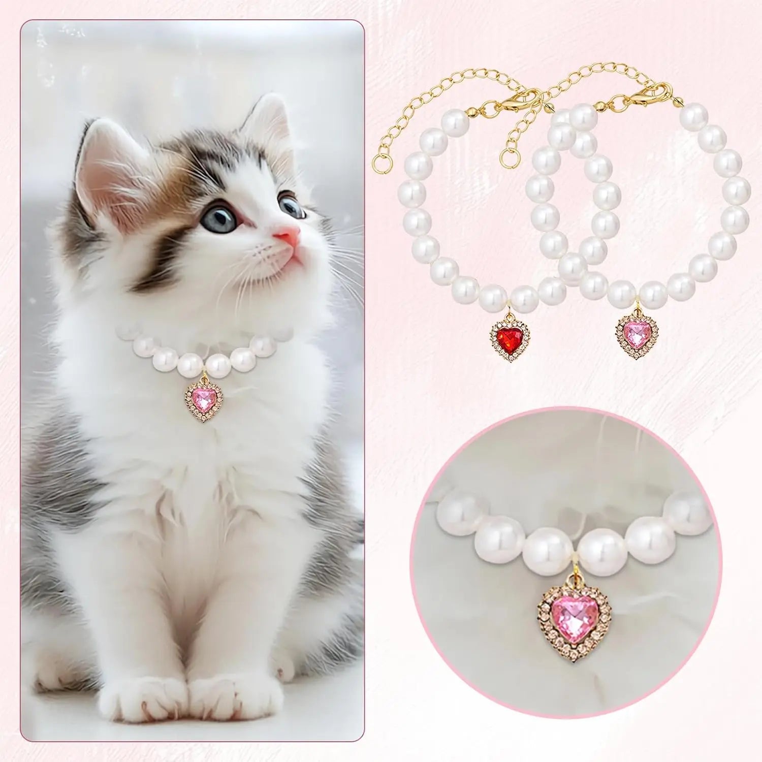 Cat Costume 2Pcs Adjustable Durable Pearl Collars with Heart-Shaped Rhinestones - Cute Pet Neck Accessories, 9.84-13.78 Inches, for Weddings, Holidays, Birthdays