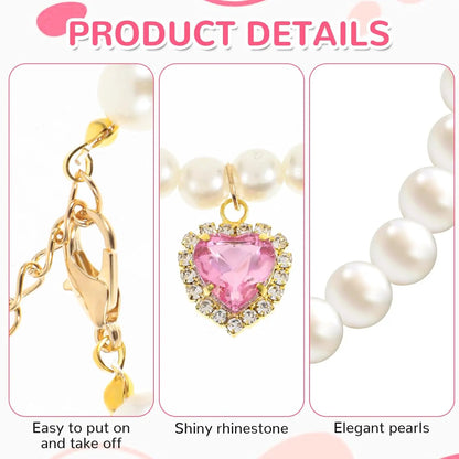 Cat Costume 2Pcs Adjustable Durable Pearl Collars with Heart-Shaped Rhinestones - Cute Pet Neck Accessories, 9.84-13.78 Inches, for Weddings, Holidays, Birthdays