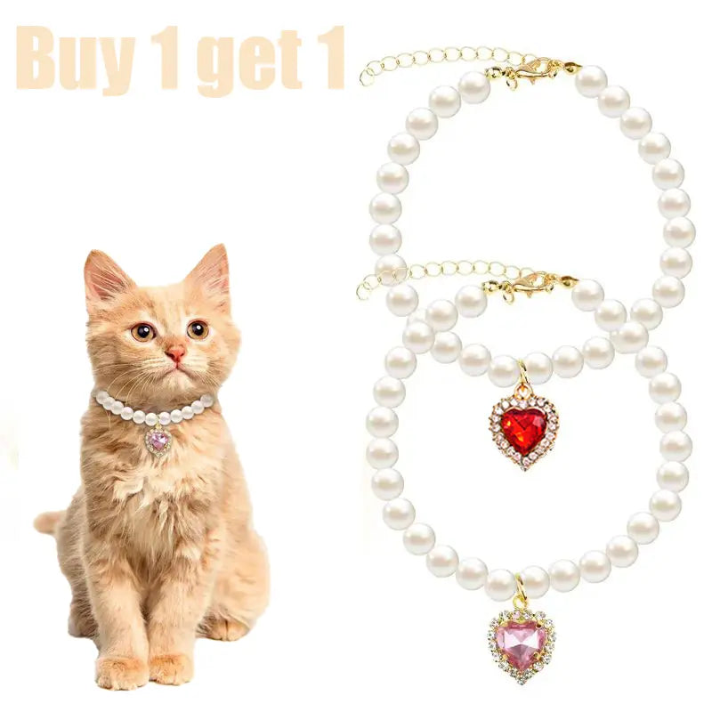 Cat Costume 2Pcs Adjustable Durable Pearl Collars with Heart-Shaped Rhinestones - Cute Pet Neck Accessories, 9.84-13.78 Inches, for Weddings, Holidays, Birthdays