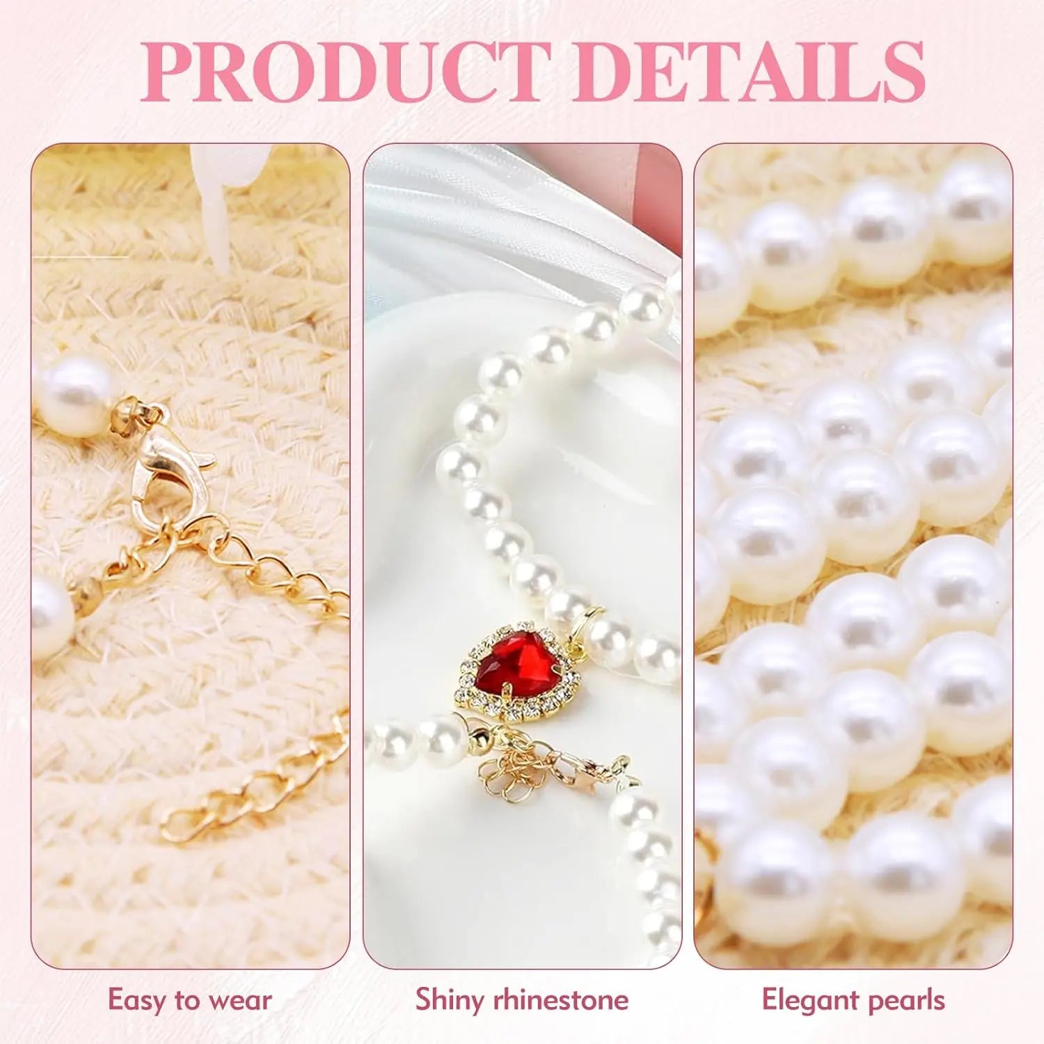Cat Costume 2Pcs Adjustable Durable Pearl Collars with Heart-Shaped Rhinestones - Cute Pet Neck Accessories, 9.84-13.78 Inches, for Weddings, Holidays, Birthdays