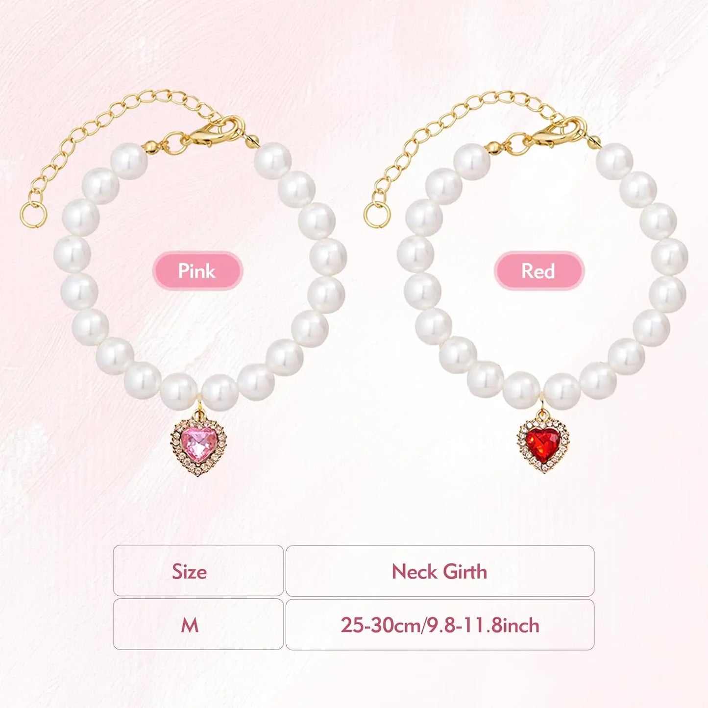 Cat Costume 2Pcs Adjustable Durable Pearl Collars with Heart-Shaped Rhinestones - Cute Pet Neck Accessories, 9.84-13.78 Inches, for Weddings, Holidays, Birthdays