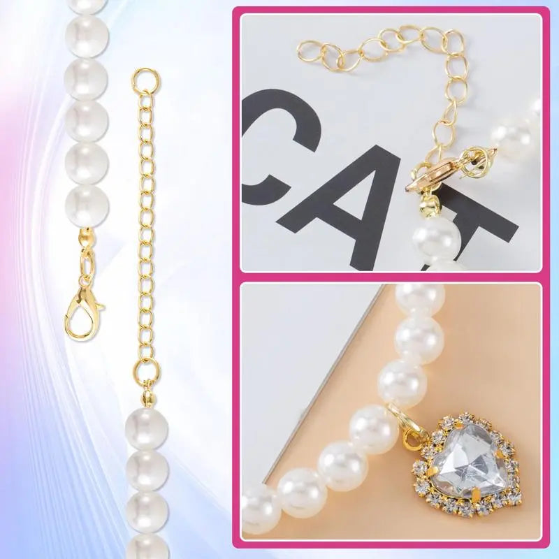 Cat Costume 2Pcs Adjustable Durable Pearl Collars with Heart-Shaped Rhinestones - Cute Pet Neck Accessories, 9.84-13.78 Inches, for Weddings, Holidays, Birthdays