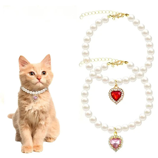 Cat Costume 2Pcs Adjustable Durable Pearl Collars with Heart-Shaped Rhinestones - Cute Pet Neck Accessories, 9.84-13.78 Inches, for Weddings, Holidays, Birthdays