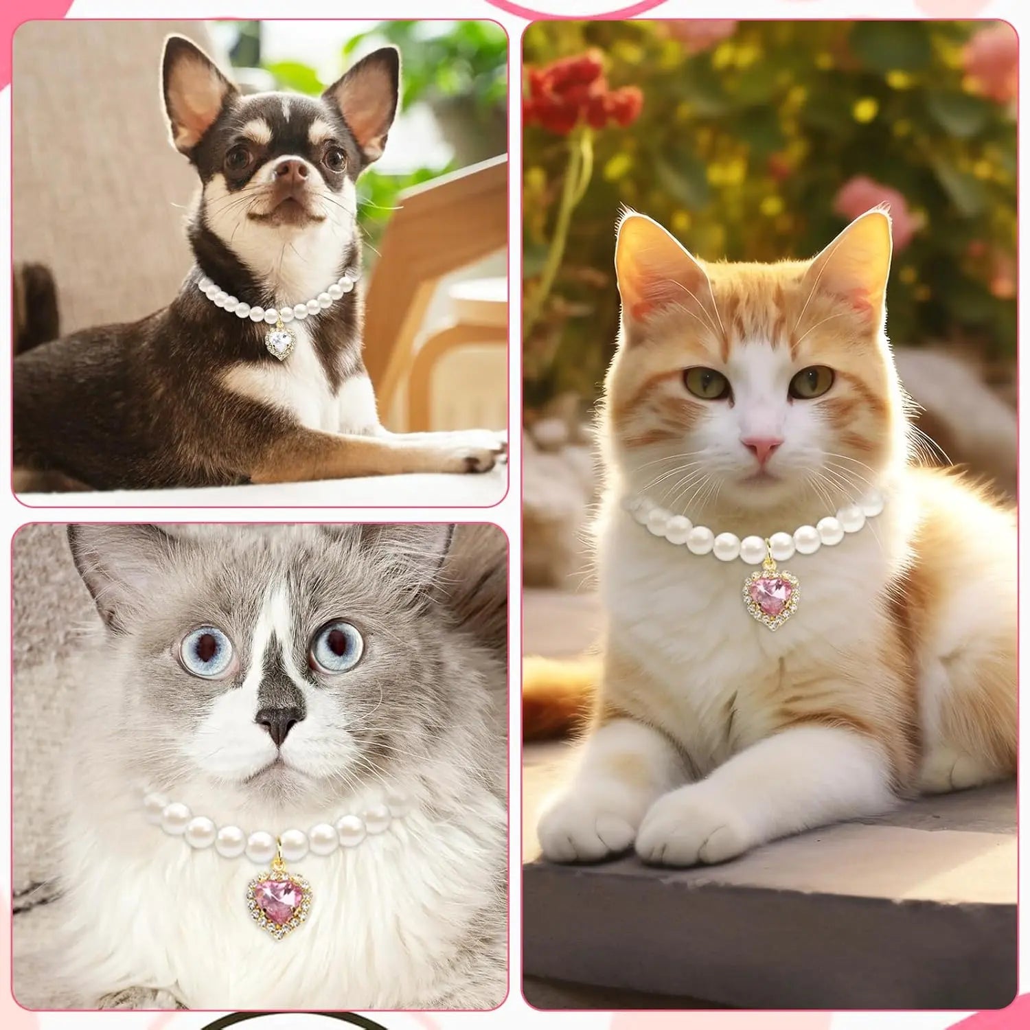 Cat Costume 2Pcs Adjustable Durable Pearl Collars with Heart-Shaped Rhinestones - Cute Pet Neck Accessories, 9.84-13.78 Inches, for Weddings, Holidays, Birthdays