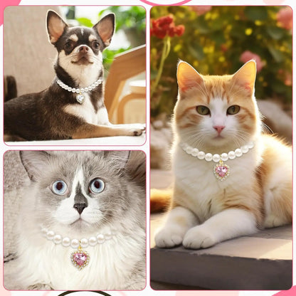 Cat Costume 2Pcs Adjustable Durable Pearl Collars with Heart-Shaped Rhinestones - Cute Pet Neck Accessories, 9.84-13.78 Inches, for Weddings, Holidays, Birthdays